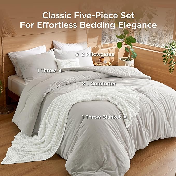 Bedsure 5 Pieces Cotton Comforter Set with Cotton Waffle Throw Blanket - Beige Comforter Full Size, Pillow Shams, White Cooling Blanket of Rayon Derived from Bamboo for Hot Sleepers, Throw Pillow