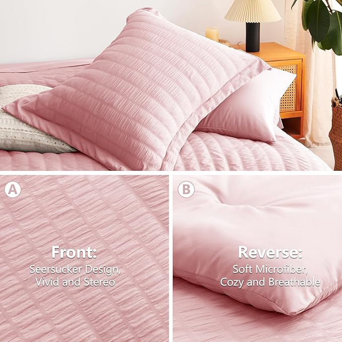 CozyLux Queen Comforter Set Pink Seersucker 7 Pieces Bed in a Bag Queen Comforter Set with Sheets, Luxury Soft Bedding Set with Down Alternative Comforter, Sheets, Pillowcases & Shams All Seasons