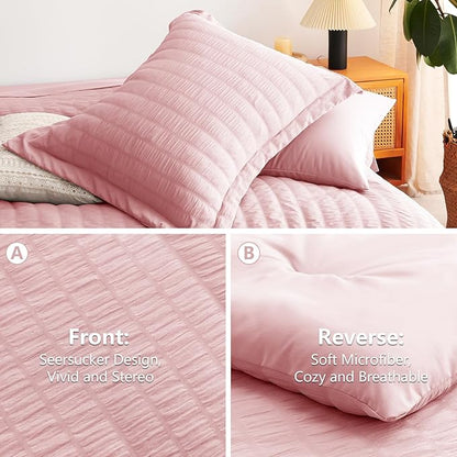 CozyLux Full Size Comforter Sets with Sheets Seersucker 7 Pieces Pink Bed in a Bag Textured Luxury Soft Bedding Set with Down Alternative Comforter, Sheets, Pillowcases & Shams for All Seasons