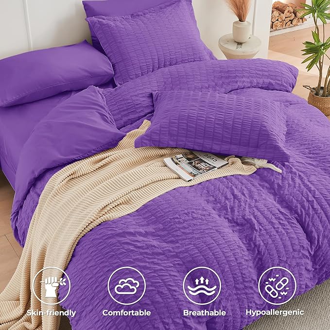 HYMOKEGE Dark Purple Twin XL Comforter Set Seersucker 5 Pieces, All Season Luxury Bed in a Bag for Bedroom, Bedding Set with Comforter, Sheets, Pillowcase & Sham