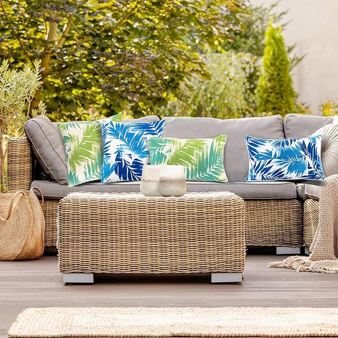 JMGBird Outdoor Pillows Set of 2 with Inserts - 18x18 Waterproof Throw Pillows for Patio Furniture, White Blue Palm Leaf Decorative Cushions