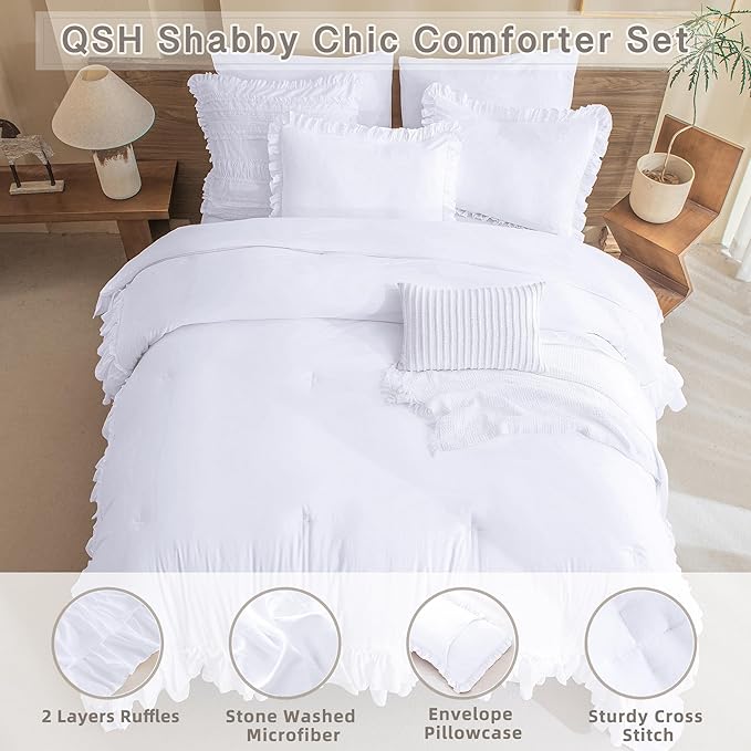 QSH White Comforter Full with Ruffles,3PCs Shabby Boho Chic Farmhouse Bedding Comforter Set Full Size Soft Vintage Fluffy Microfiber White Ruffle Bedding Set