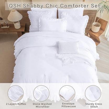 QSH White Comforter Full with Ruffles,3PCs Shabby Boho Chic Farmhouse Bedding Comforter Set Full Size Soft Vintage Fluffy Microfiber White Ruffle Bedding Set
