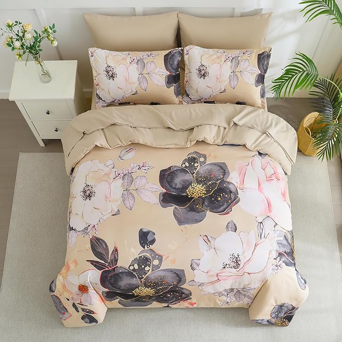 Yogeneg King Size Comforter Set 7 Piece Bed in a Bag,White Black Floral Botanical Pattern Khaki Bedding Set,Soft Microfiber Comforter with Sheet Set,All Season Bed Set(Khaki,King)