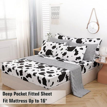 SUCSES Cow Print Twin Comforters 8 Pieces Bedding Set Cowhide Bed in A Bag for Boys Girls Black and White Cute Kids Comforter Set with Sheets