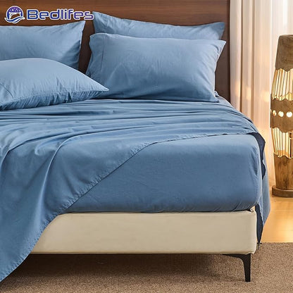 Bedlifes 100% French Pure Linen Sheets Queen Size Breathable and Cooling Flax Sheet Set Soft Durable and Moisture Wicking 16 Inch Deep Pocket-4 Piece(Queen,Flint Blue)