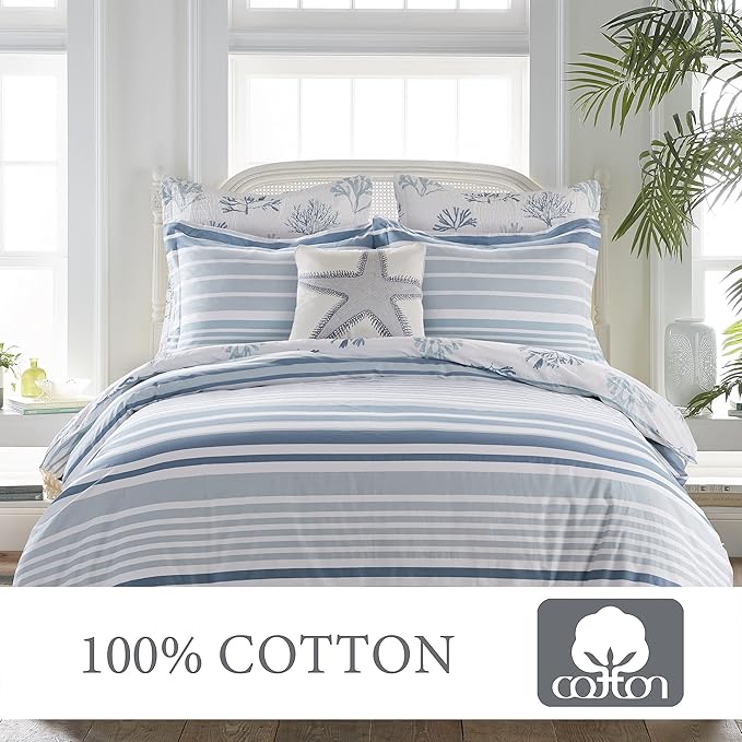 Levtex Home - Truro Duvet Cover Set - Full/Queen Duvet Cover + Two Standard Pillow Cases - Watercolor Coral - Blue and White - Duvet Cover (90 x 94in.) and Pillow Case (26 x 20in.) - Cotton