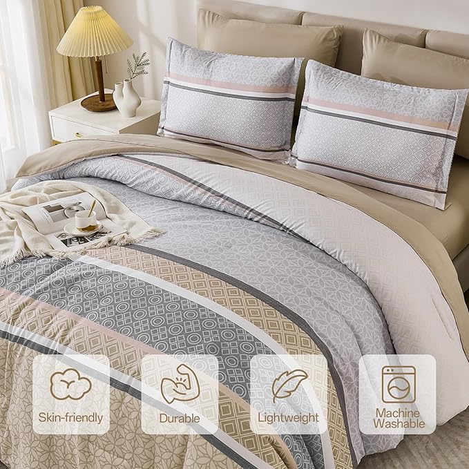 WONGS BEDDING Beige Comforter Set Queen Size, 7 Pieces Striped Bed in a Bag Comforter and Sheet Set,Patchwork Soft Lightweight Micorfiber Bedding Set for All Seaon (90"×90")