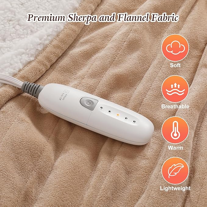 Electric Throw Blanket Heated Throw 50''x60'' - Washable Heated Blanket Throw for Office, Fast Heating & Overheat Protection Electric Heating Blanket, House Warming Gifts New Home (Beige)