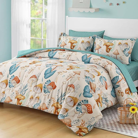 Drucon Mushroom Comforter Set Twin Size 6 Pieces Bed in Bag Botanical Bedding Set with Plants, Reversible Cute Mushroom Comforter for Kids Adults Boys Girls