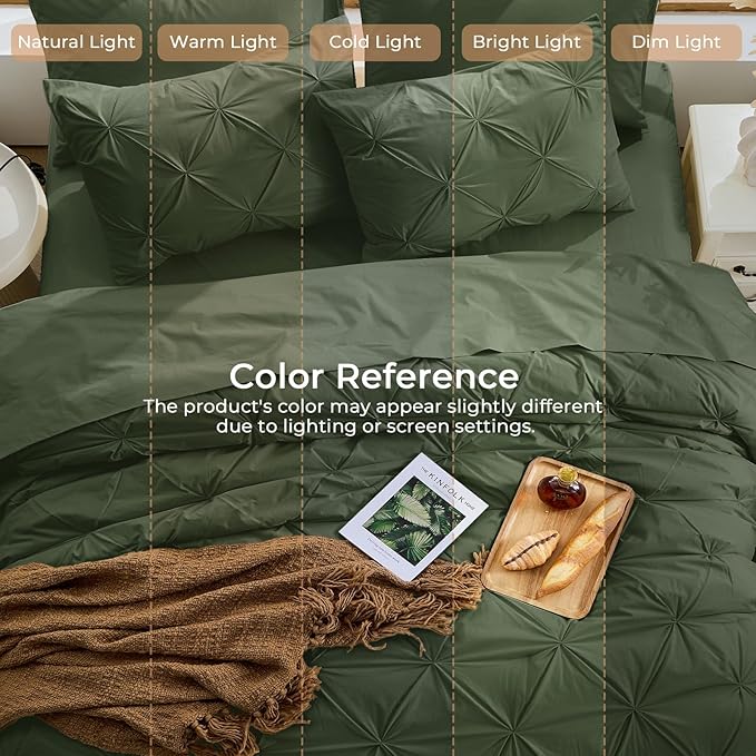 Sasttie Full Size Comforter Set, 7-Piece Bed in a Bag Double, Pintuck Bedding Set for All Season, Includes Comforter, Flat Sheet, Fitted Sheet, Pillowcases and Pillowshams, Dark Green
