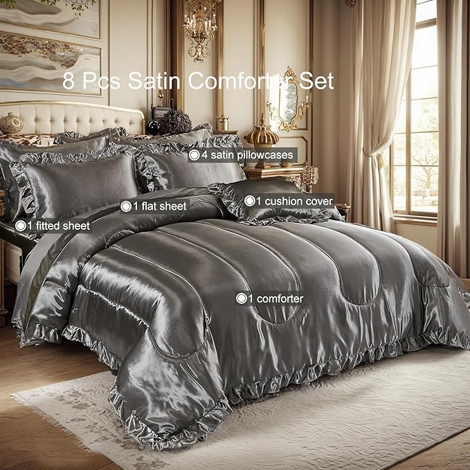Grey Comforter Set with Satin Sheet Set Full 8 Pieces Silk Like Satin Bedding Set Luxury Silky Ruffle Pattern Home Deocr Sexy Hotel Silky Bed Set with 1 Cushion Cover