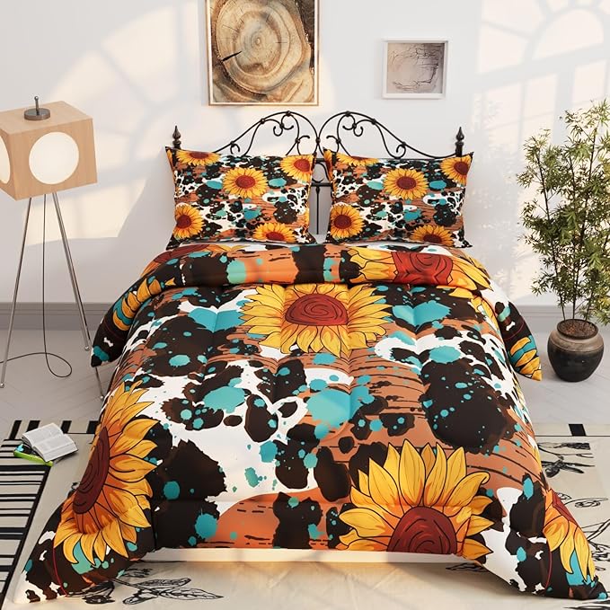 Sunflower Comforter Set, 3D Black Cow Theme Pattern for Kids Teens Adults,Decorative Bedding Comforter Sets with 2 Pillow Shams, Twin Size