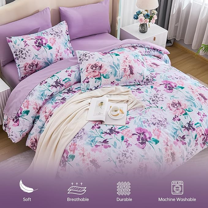 Luxudecor Floral Comforter Set Queen Size 7 Pieces Bed in a Bag, Purple Flower Watercolor Bed Set, Soft Comforter with Sheet Set 90"x90"