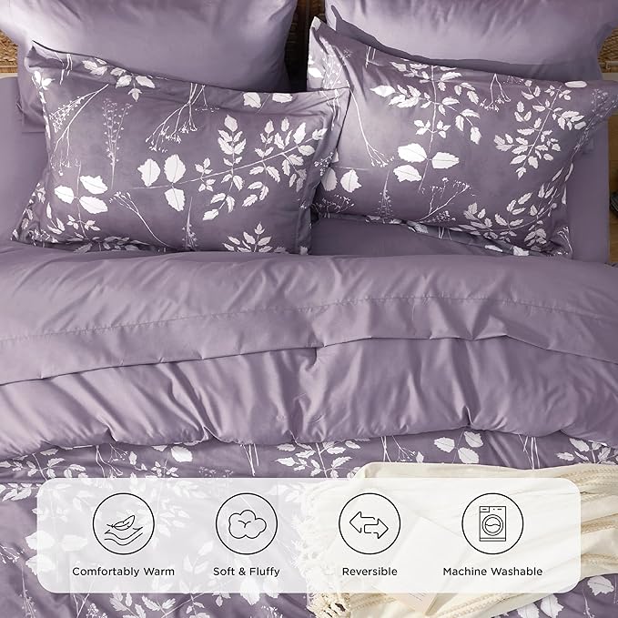 Bedsure Grayish Purple King Comforter Set - 7 Pieces Floral Bedding Sets King Bed in a Bag with Reversible Botanical Flowers Comforter, Sheets, Pillowcases & Shams