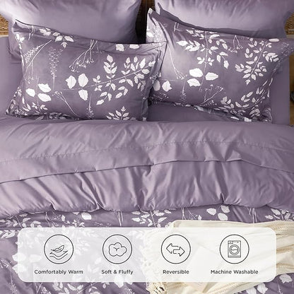 Bedsure Grayish Purple Queen Comforter Set - 7 Pieces Floral Bedding Sets Queen Bed in a Bag with Reversible Botanical Flowers Comforter, Sheets, Pillowcases & Shams