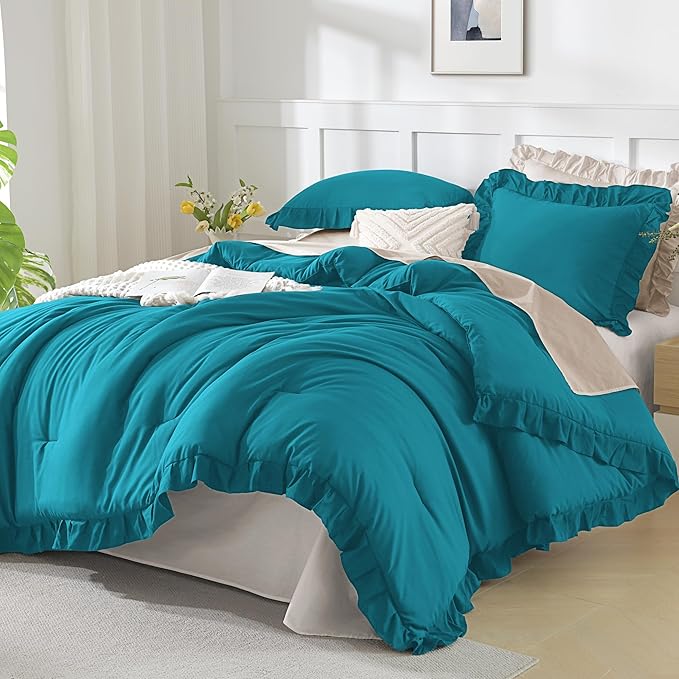 Andency Oversized King Comforter Set 120x98, 3 Pieces Ruffle Shabby Chic Famhouse Bedding Set, All Season Lightweight Fluffy Bed Set for Girls Women, Turquoise