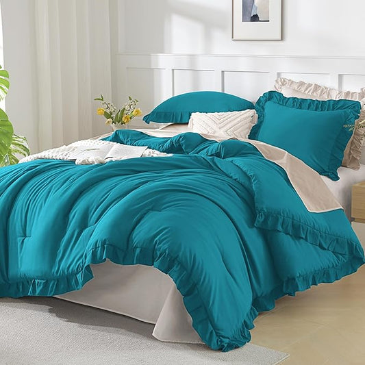 Andency Turquoise Full Size Comforter Set(79x90Inch), 3 Pieces(1 Ruffle Comforter and 2 Pillowcases) Lightweight Fluffy Bedding Comforter Sets Full Bed, All Season Soft Microfiber Bedding Set