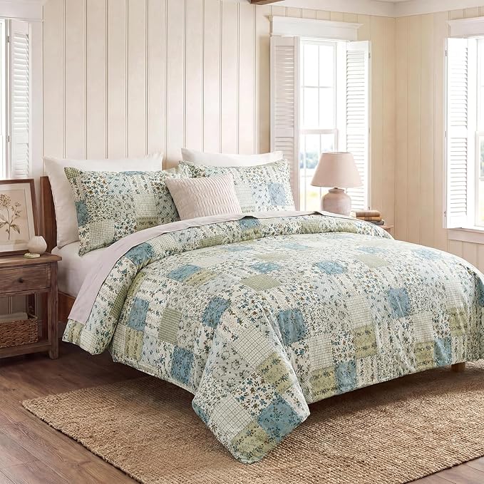 Vintage Floral Comforter Set King 100% Cotton Blue Patchwork Bedding Comforter Sets All Season 3 Pieces Shabby Chic Breathable Soft Comforter(Blue Patchwork, King)
