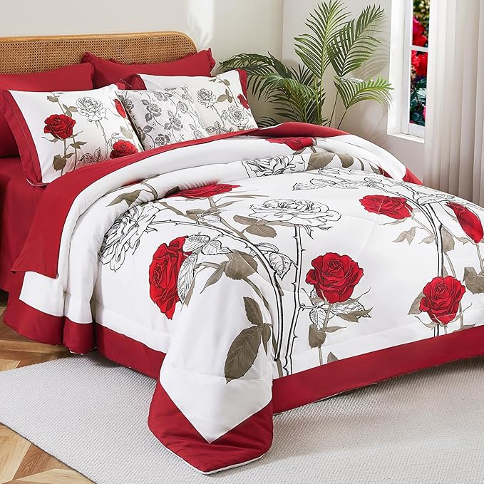 EVENHUG Queen Size Comforter Set 7 Pieces Red Rose Floral Bedding Sets for All Season Bed in a Bag with Flowers Comforter and Flat Sheet, Fitted Sheet, Pillowcases (90"x90")
