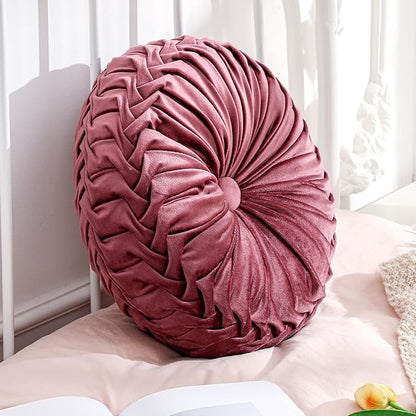 1 Pcs Round Throw Pillows Decorative Velvet Pleated Throw Pillows 15'' Diameter Accent Pumpkin Boho Chair Cushion for Couch Sofa Chair Bed Home Decoration (Dusty Rose)