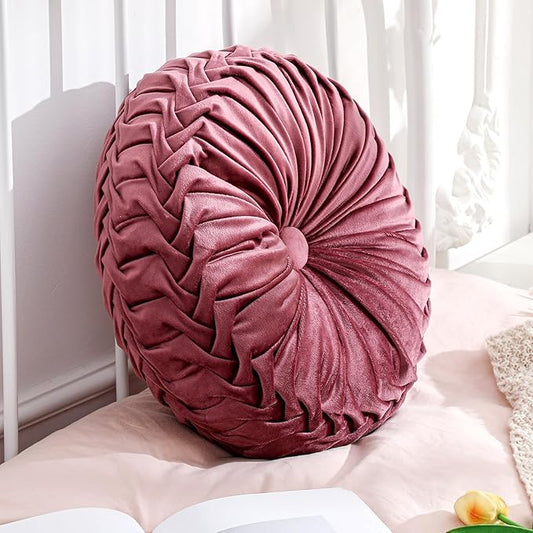 1 Pcs Round Throw Pillows Decorative Velvet Pleated Throw Pillows 15'' Diameter Accent Pumpkin Boho Chair Cushion for Couch Sofa Chair Bed Home Decoration (Dusty Rose)