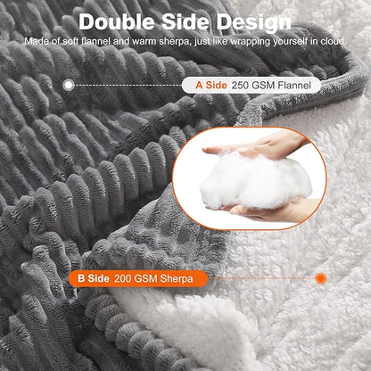 Electric Blanket Twin Heated Blanket 62"x84" Striped Flannel & Thick Sherpa, 5 Heat Settings & 10 Hour Auto Off with FCC/ETL Certified, Overheat Protection & Machine Washable, Grey