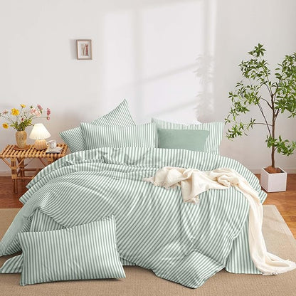 Nayoroom Green Striped Comforter Set Queen Size White Stripe Comforter 3 Pieces Girls Soft Lightweight Pinstripe Dorm Bedding Set for All Seasons