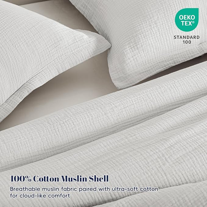 PHF Cotton Muslin Comforter Set King – 100% Cotton Cover, Ultra Soft & Breathable, 3PCS Lightweight All-Season Bedding with Polyester Fill, 1 Comforter 104"x90" & 2 Pillow Shams 20"x36", Light Grey