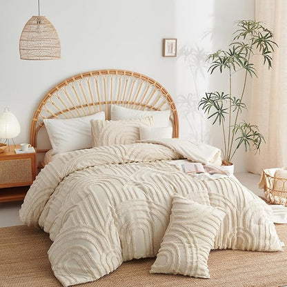 Boho Tufted Comforter Queen Size Beige Geometric Tufted Comforter Set Bohemian Arch Tufted Bed Set 3 Pieces Shabby Chic Embroidery Soft Jacquard Bedding for All Seasons with 2 Pillowshams