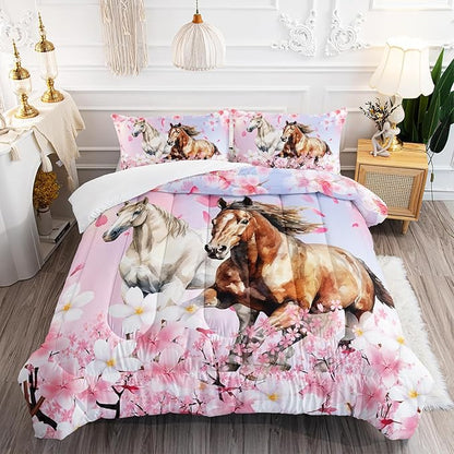 Kid Horse Comforter Set Full Room Floral Animal Theme Handsome Horse Chic Cherry Blossom Bedding Set 3D Wild Animal Decor Quilt Set for Girls Adult, 1 Comforter + 2 Pillowcases