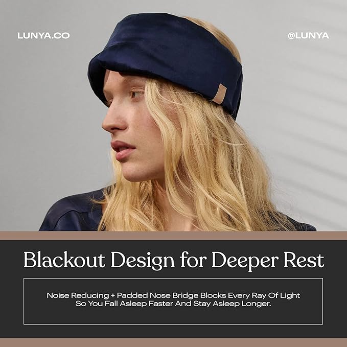 Lunya Washable Silk Sleeping Mask - Thermoregulating Mulberry Silk, Light Blocking and Comfortable Fit – Sleep Mask for Women and Men with Box - Deep Blue - Small
