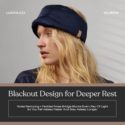 Lunya Washable Silk Sleeping Mask - Thermoregulating Mulberry Silk, Light Blocking and Comfortable Fit – Sleep Mask for Women and Men with Box - Deep Blue - Large