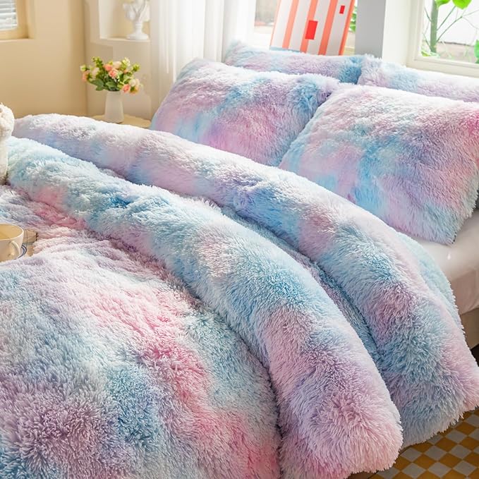 chovy Faux Fur Plush Tie-Dyed Blue Comforter Sets King - Ultra Soft Shaggy Flannel Velvet Fluffy Fuzzy 3PC Bedding Set （Comforter x 1 Pillowcases x 2）
