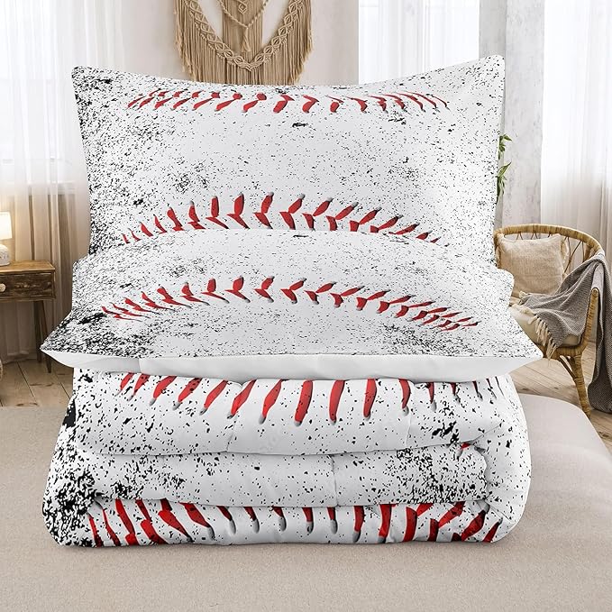 NINENINE Baseball Bedding Sets Queen Size Sports Comforter Sets for Boys White Comforter Set Teen Boy Bedding Set(1Comforter, 1Flat Sheet, 1Fitted Sheet, 2Pillowcases)