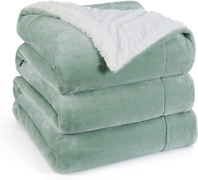 Bedsure GentleSoft Sherpa Fleece Blankets Queen Size for Bed - Thick and Warm Throw for Women and Men, Soft Fuzzy Plush Queen Blanket for Winter, Non-Heated, Sage Green, 90x90 Inches