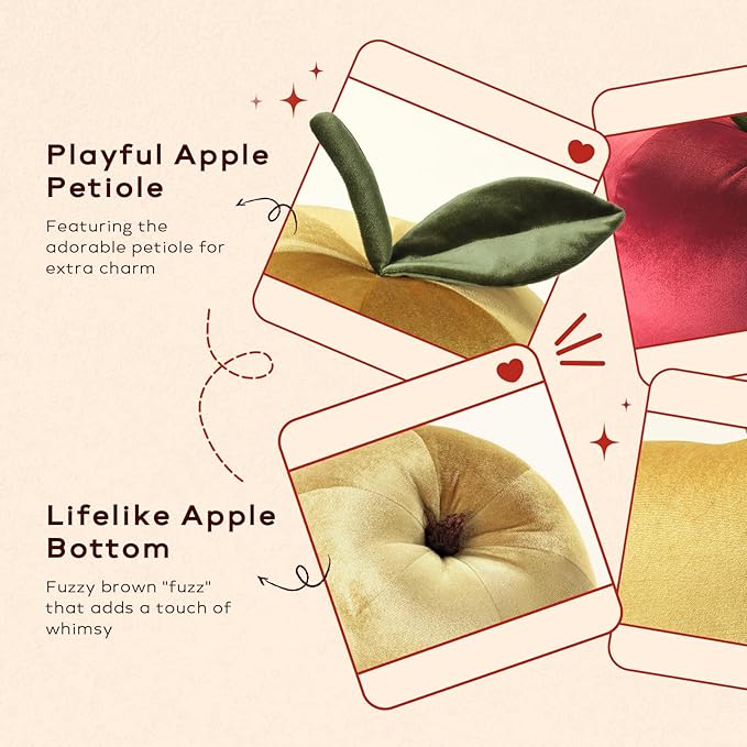 Ashler Apple Shaped Throw Pillow, Luxury Velvet Throw Pillow, Cute Apple-Shaped Cushion, Fun Home Decor for Sofa, Chair, Bedroom, Gold, 11x9.5IN
