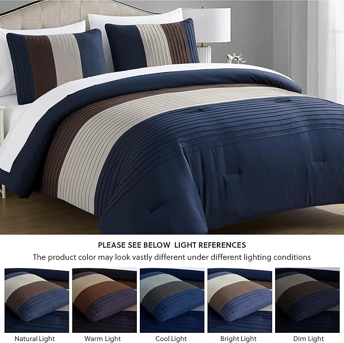 Chezmoi Collection Briar 7-Piece Full Bed in a Bag - All Season Lightweight Microfiber Comforter Set - Includes Sheets & Shams - Midnight Blue/Brown/Coffee Pleated Stripe Design