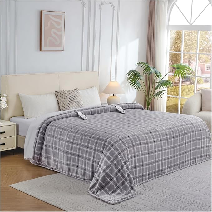 Electric Heated Blanket Queen Size, Dual Control Fast Heating Sherpa Blanket, 8 Heating Levels & 10 Hours Auto Off, Machine Washable with ETL & FCC Certified, Grey Plaid