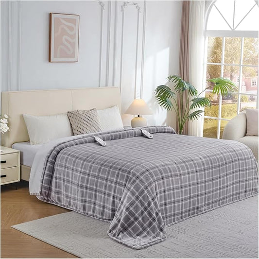 Electric Heated Blanket Queen Size, Dual Control Fast Heating Sherpa Blanket, 8 Heating Levels & 10 Hours Auto Off, Machine Washable with ETL & FCC Certified, Grey Plaid