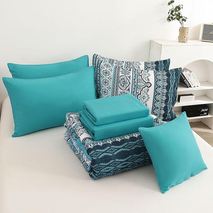 Cottolester Boho Queen Comforter Set 8 Pieces, Teal Comforter Bohemian Striped Bed in A Bag,Soft Microfiber Bedding Set for All Seasons