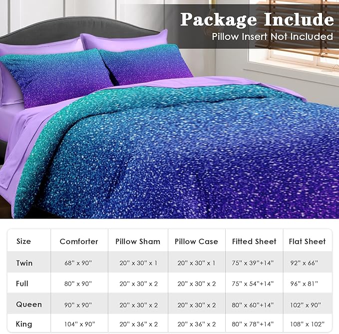 Comforter Set King Size, Colorful Girls Ombre Purple Glitter 7 Pcs Bedding for Kids and Adults, Neon Blue Teal Bed Sheet Sets with Fitted Sheet 2 Pillowcases & 2 Shams for Bedroom Bed Decor