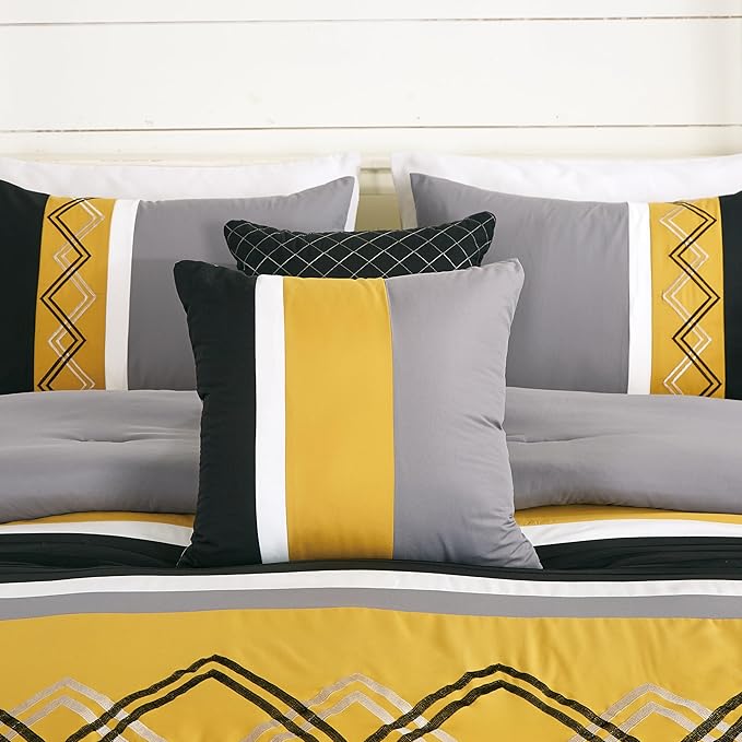Chezmoi Collection Arden 7-Piece Modern Pleated Stripe Embroidered Zigzag Bedding Comforter Set (Oversized King, Turmeric/Black/Silver Gray/White)