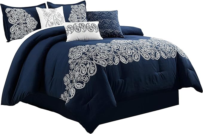 Chezmoi Collection Linz 7-Piece Navy/White Paisley Floral Scroll Embroidered Comforter Set, King
