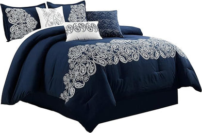 Chezmoi Collection Linz 7-Piece Navy/White Paisley Floral Scroll Embroidered Comforter Set, King