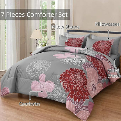 Yiran Burgundy Pink Red Floral Comforter Set Bed in a Bag Flower Comforter Set Soft Microfiber Bedding Set King 104''x90''