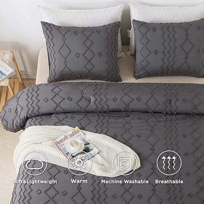 Andency Dark Gray Tufted Comforter Set Queen(90x90Inch), 3 Pieces(1 Tufts Comforter, 2 Pillowcases) Boho Textured Farmhouse Bed, Microfiber Down Alternative Geometric Bedding Set
