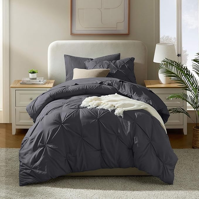 Nestl Twin Comforter Set 5 Piece - Pintuck Twin Bedding Set Dark Grey, College Dorm Room Essentials for Girls and Boys Bed in a Bag Twin All Season, Twin Comforter Set with Sheets, Pillowcase and Sham