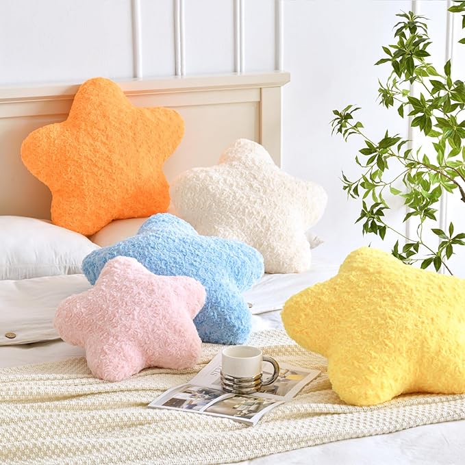 Star Pillow, 14.9" Star Shaped Plush Pillow for Couch Bed Sofa, Cute Decorative Throw Pillows with Soft Faux Fur Room Decor for Bedroom Living Room (Yellow)