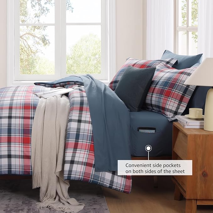 MaiRêve Queen Size Plaid Comforter Set Navy Red, Classic 7 Pieces Farmhouse Bedding Set, All Season Lightweight Bed in A Bag with Sheets, Pillowcases & Shams